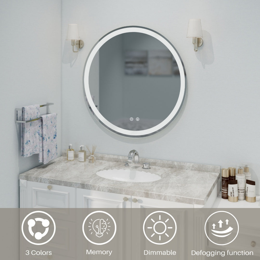Smart Anti-fog LED Bathroom Mirror With Circular Dual Lights And 3-color Temperature Memory Dimming